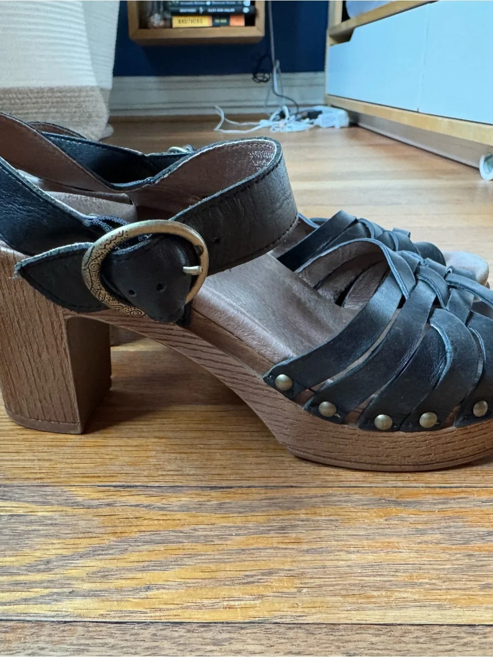 Dansko Black Leather Woven Strap Ankle Sandals